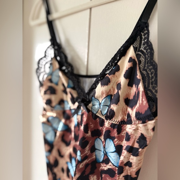Y2K Leopard & Butterfly Print Lace Black Chemise or Slip Dress Size Small - Picture 2 of 6